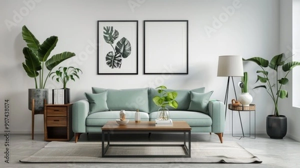 Fototapeta stylish interior design living room with modern mint sofa wooden console cube coffee table lamp plant