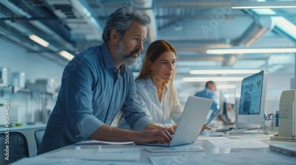 Fototapeta Architect and engineer team using a laptop to discuss building construction, surrounded by architectural drawings in a contemporary office