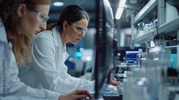 Obraz A female manager and male industrial engineer collaborating over a microchip prototype on a desktop computer, ensuring production efficiency in a high-tech electronics factory