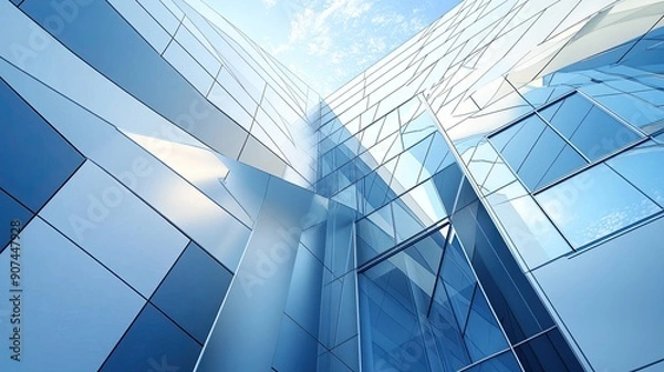 Fototapeta Abstract art design on a modern architecture facade, showcasing sleek lines and geometric shapes. Ideal for business and corporate concepts.