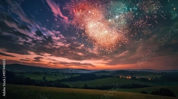 Fototapeta Fireworks Display Over a Rural Landscape at Dusk