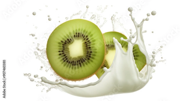Fototapeta Kiwi slice falls into dropped in milk or yogurt splash , transparent background, cut out