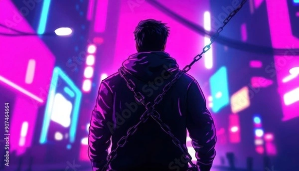 Fototapeta Man in chains, surrounded by broken machinery, Chained man, Industrial struggle and liberation