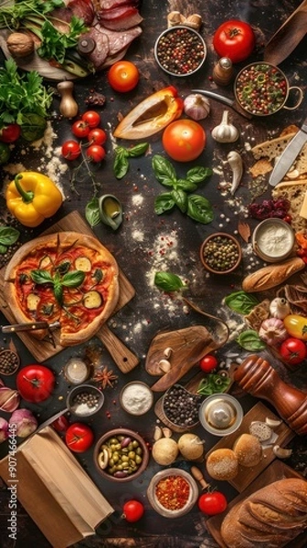 Fototapeta Pizza and Bread with Ingredients on Rustic Table.
