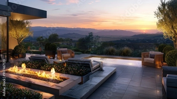 Fototapeta A luxurious terrace lounge with a chic fire feature, comfortable seating, and an expansive view of a picturesque valley at sunset.