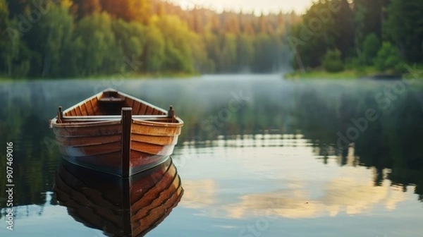 Obraz A small wooden rowboat on a calm lake with reflections of surrounding trees.