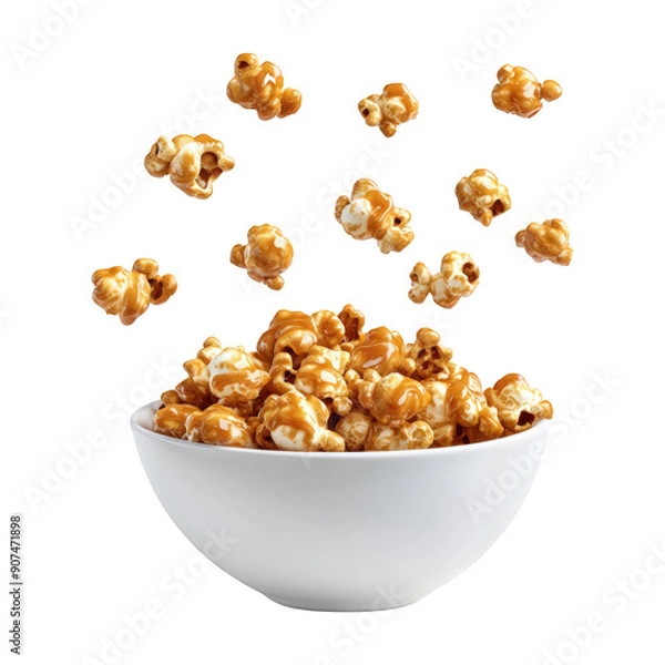 Obraz Bowl Of Caramel Popcorn With Floating Caramel Drizzle On Transparent Png Background For Crunchy Snack Advertisements . Generative ai