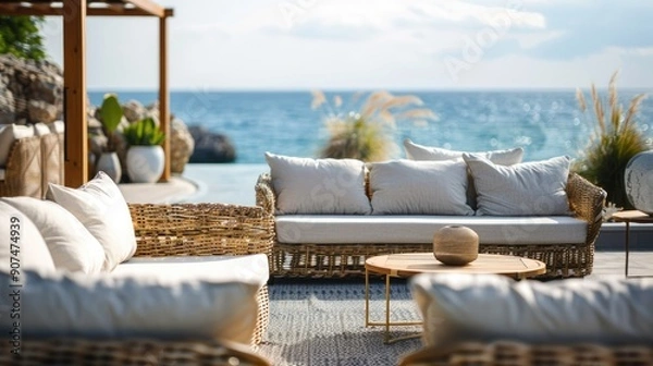 Fototapeta Rattan sofas and coffee tables on the courtyard 