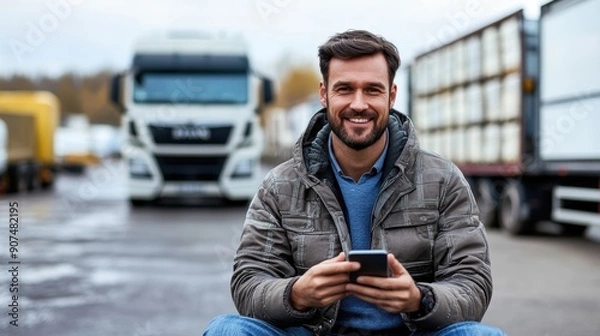 Fototapeta Happy truck driver using cell phone on parking