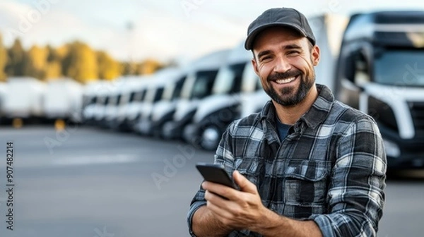 Fototapeta Happy truck driver using cell phone on parking