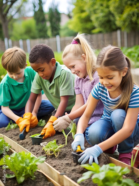 Obraz Children planting vegetables in an outdoor setting, highlighting hands-on learning and teamwork