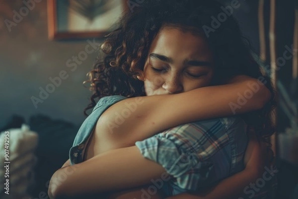 Fototapeta Mother hugging and comforting crying teen daughter, showing love support to sad child, embracing and supporting teen girl, Generative AI