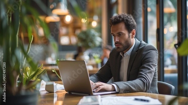 Fototapeta Focused business professional sitting at a modern office desk, typing on a laptop, concentrating on work with a sleek computer setup, ideal for corporate, technology, and productivity concepts.