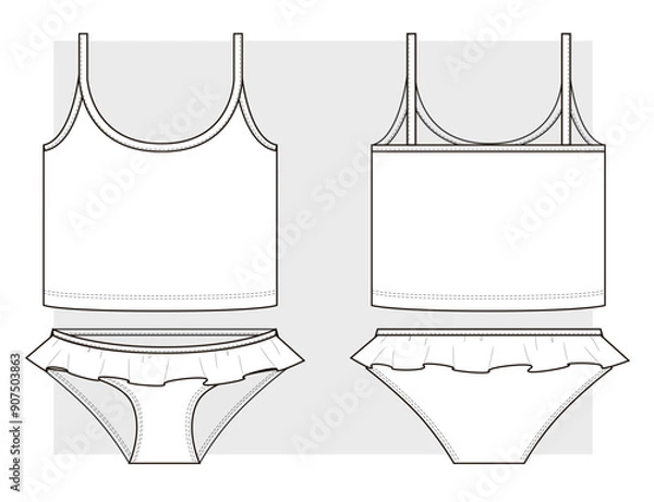 Obraz Two-piece swimsuit with tank top and frill on swimming trunks. Technical sketch. Vector illustration.