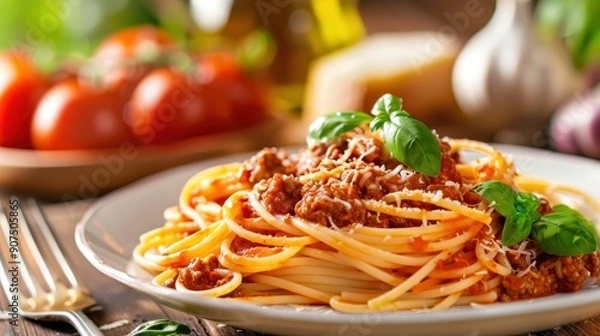 Fototapeta Spaghetti Bolognese with Parmesan and Basil