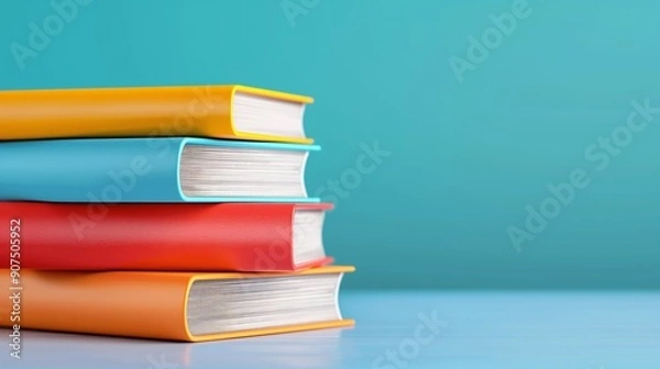 Fototapeta A stack of books with a blue background. The books are orange and yellow. The books are stacked on top of each other