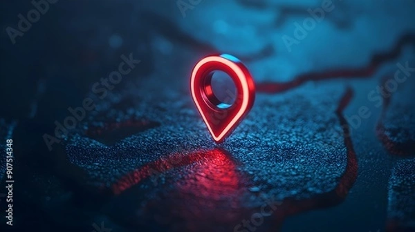 Fototapeta 3D Isometric Rendering of Glowing Location Pin Icon on Dark Backdrop with Copyspace