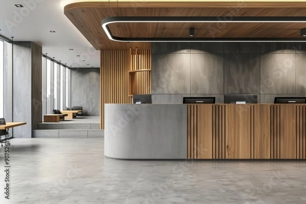 Fototapeta Gray and wooden bank interior with teller counters, Generative AI