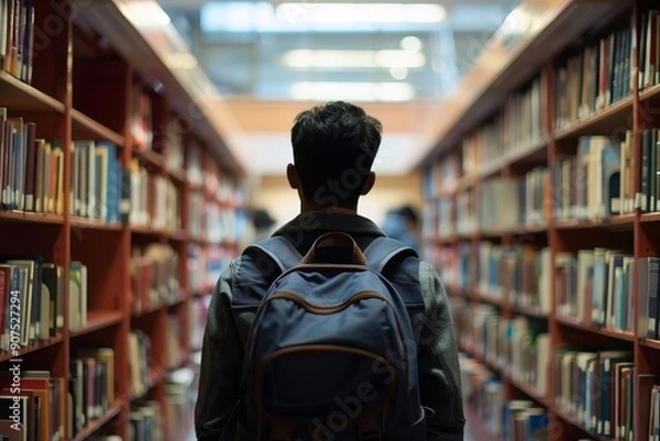 Fototapeta Back view of male student wearing backpack, standing in library, showcasing moment of reflection and preparation for an immersive study session, Generative AI