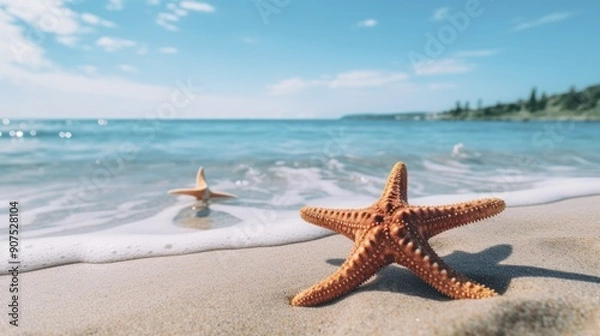 Fototapeta Tropical beach with sea star in sand close up. Neural network ai generated art