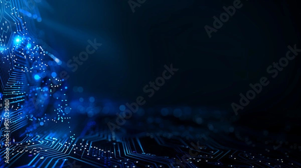 Obraz Abstract blue circuit board background with glowing dots and bokeh lights on dark black background, ideal for digital technology concept designs and modern electronic themes, highlighting connectivity