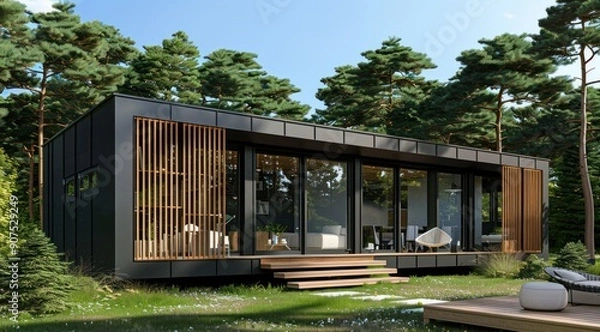 Fototapeta Modern Black Cabin in a Forest Setting