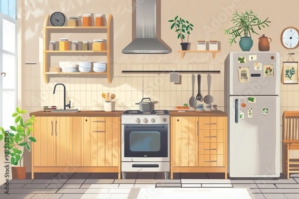 Fototapeta Beige kitchen interior with cooking space, fridge and kitchenware, Generative AI