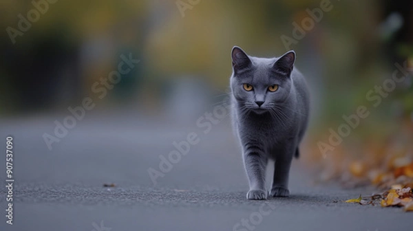 Fototapeta A gray cat found on the road is wandering in search of its owner or a place where it could find shelter.