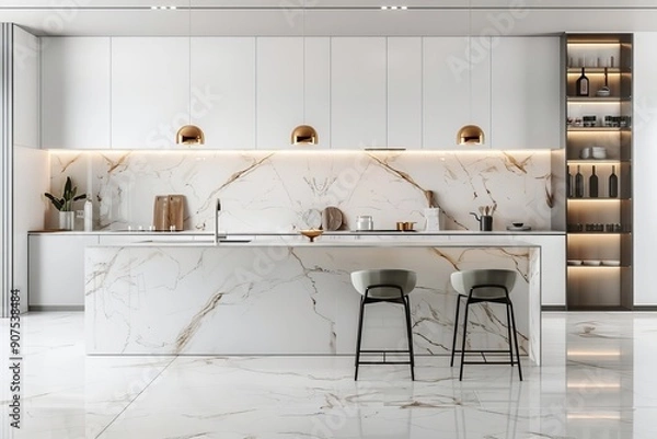 Fototapeta Light kitchen interior with bar countertop and cooking area, window. Empty wall, Generative AI