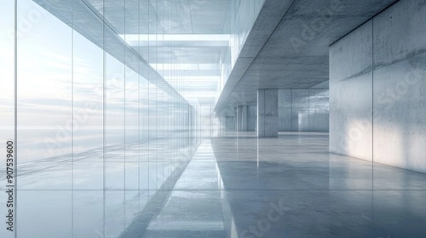 Fototapeta 3d render of abstract futuristic glass architecture with empty concrete floor, Generative AI