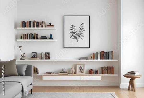 Fototapeta Minimalist living room with white walls, a floating shelf displaying books and decorative objects, and an empty framed artwork on the wall