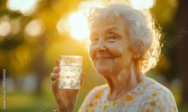 Fototapeta Old elderly woman enjoying a glass of water to hydrate herself with fresh air of a park on summer heatwave, Generative AI