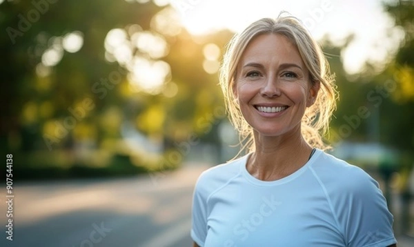 Fototapeta Happy smiling woman in her 40s or 50s wearing white shirt standing at starting line of run doing outdoor sports on sunny day, Generative AI
