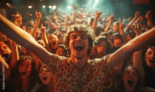 Fototapeta Front row of a concert with a group of excited music fans looking into the camera singing and dancing, Generative AI