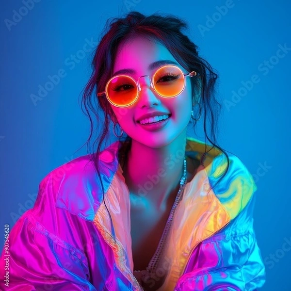 Fototapeta Gen-z beautiful asian fashionable female, wearing neon stylish clothes, happy, smiling, retro style in the style of Vaporwave fashion, Generative AI