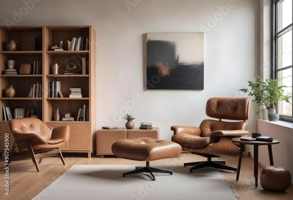 Fototapeta A modern living room with a large blank canvas on the wall, a wooden bookshelf, and a comfortable leather armchair with an ottoman