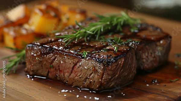 Fototapeta Close up of beef steak with port and foie grass 