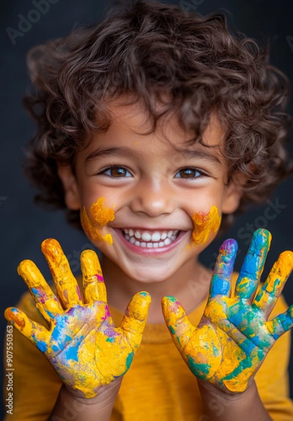 Obraz A young child with painted hands and a big smile. The child is wearing a yellow shirt and he is enjoying the experience of painting their hands