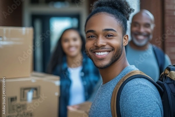 Fototapeta African american black college student moving to dorm with parents helping with moving crates, Generative AI