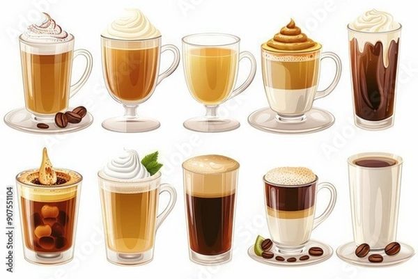 Fototapeta Illustration of various coffee drinks with different toppings in glass cups.