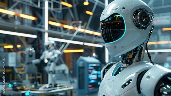 Obraz An AI robot calculating and thinking autonomously, showcasing futuristic technology and innovation. Ideal for topics on cyberpunk, advanced robotics, and the future of artificial intelligence.