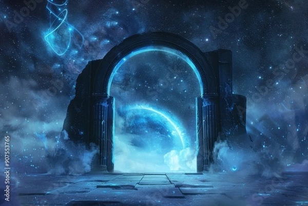 Fototapeta Stone Archway Leading to a Glowing Blue Planet in a Starry Night Sky
