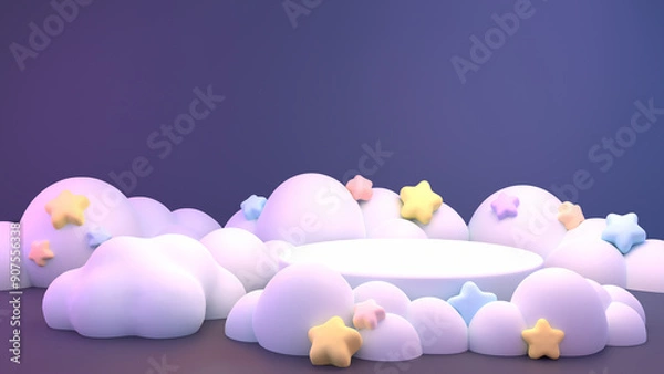 Fototapeta 3d rendered empty podium surrounded by clouds and stars.