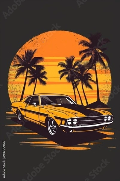 Fototapeta A bright yellow muscle car parked in front of swaying palm trees, perfect for a sunny day or a retro-themed event