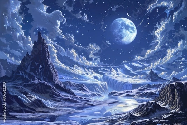 Fototapeta Two Figures Standing in a Frozen Valley Under a Full Moon and Starry Sky