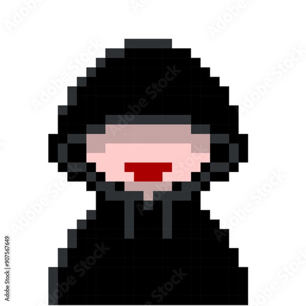 Obraz 黒パーカーのフードを深くかぶったハッカー風怪しい人のかわいいドット絵