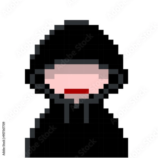 Obraz 黒パーカーのフードを深くかぶったハッカー風怪しい人のかわいいドット絵