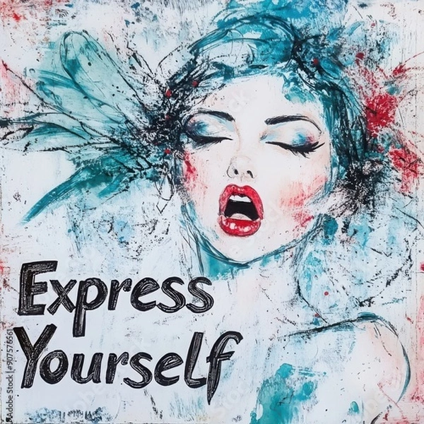 Fototapeta Express Yourself: A bold and expressive portrait of a woman with closed eyes and a passionate expression, painted in vibrant colors with a grunge aesthetic, captures the essence of self-expression and