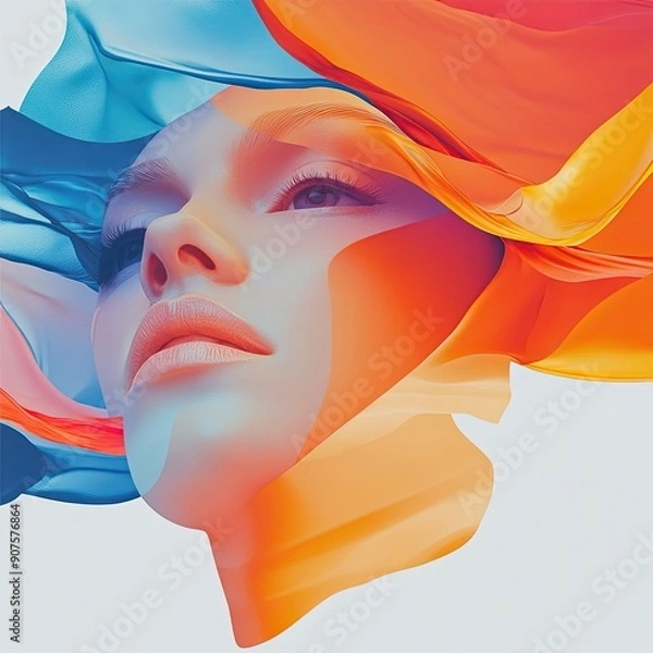 Fototapeta Chromatic Serenity: A woman's face emerges from a vibrant, abstract swirl of blue and orange hues, her serene expression a testament to the beauty of tranquility amidst chaos. 