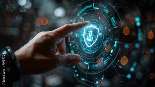 Obraz cyber security,  A close-up of a human hand actively interacting with a floating tech-security holographic icon that features a shield design. The setting is a modern office space,